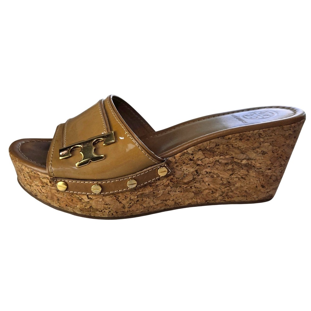 Tory Burch Size 10 Wedge Sandals Tan Patent Leather Cork Gold Logo Slides #1036